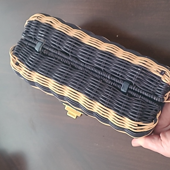 J.Crew natural Navy wicker basket patent leather brass buckle purse - Picture 5 of 8